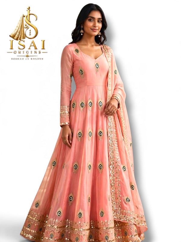 THOGAI - The Peach Pink Mor Pankh Peacock Feather Heritage Anarkali Salwar Set