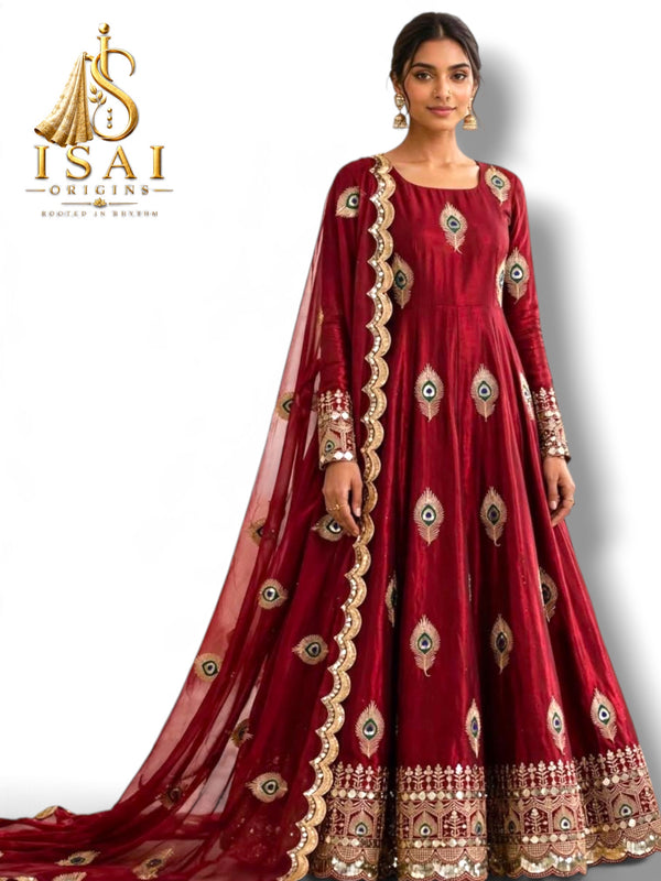 SENGAL - The Ruby Red Mor Pankh Peacock Feather Heritage Anarkali Salwar Set