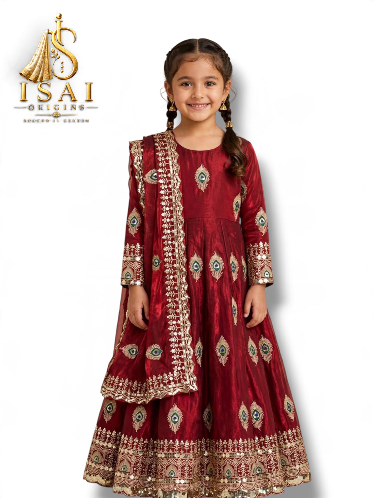 SENGAL Maroon — Kids MAYIL Mor Pankh Peacock Feather Heritage Anarkali Salwar Set