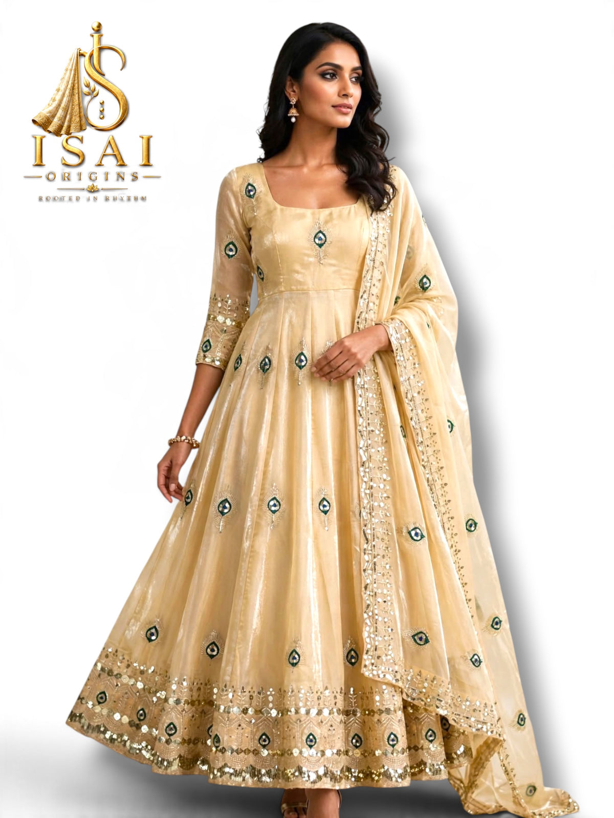 PONNI - The Beige Gold Mor Pankh Peacock Feather Heritage Anarkali Salwar Set