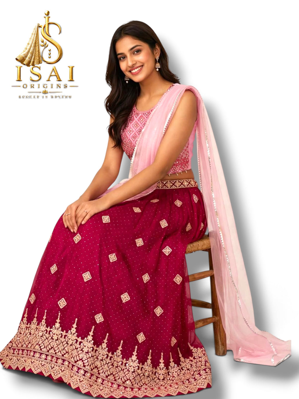 ROJA - Ruby Red  & Rose Gold Embroidered Lehenga Set- Kids & Adults (32-40)