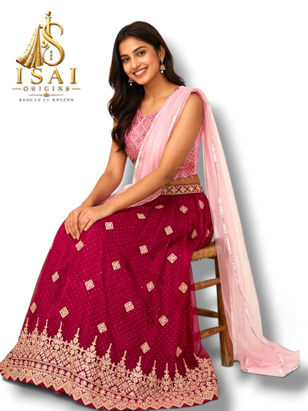 ROJA - Ruby Red  & Rose Gold Embroidered Lehenga Set- Kids & Adults (32-40)