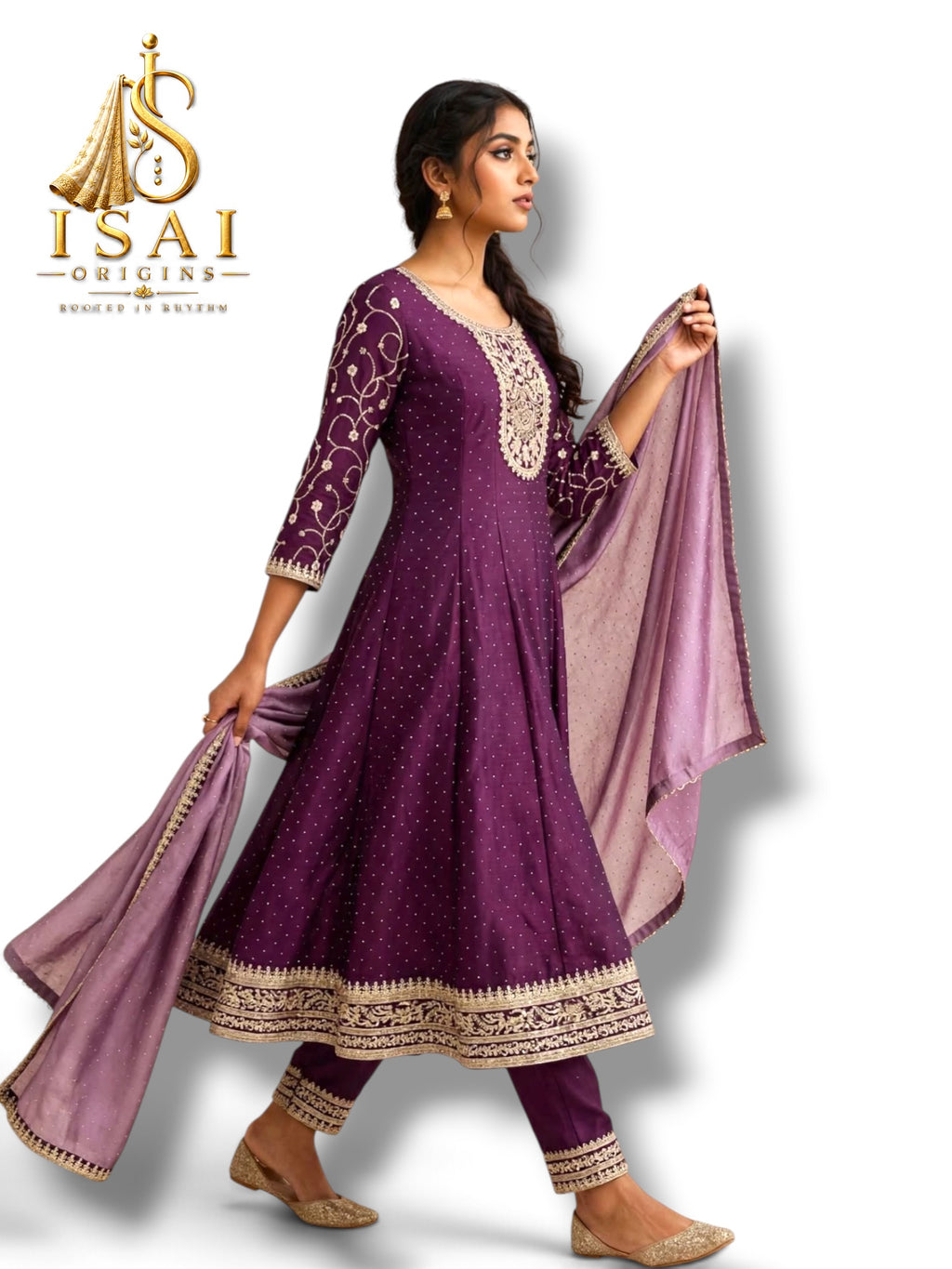 SENBAGAM - Deep Plum Embroidered Anarkali Set with Mauve Dupatta - Adults 36|38|40