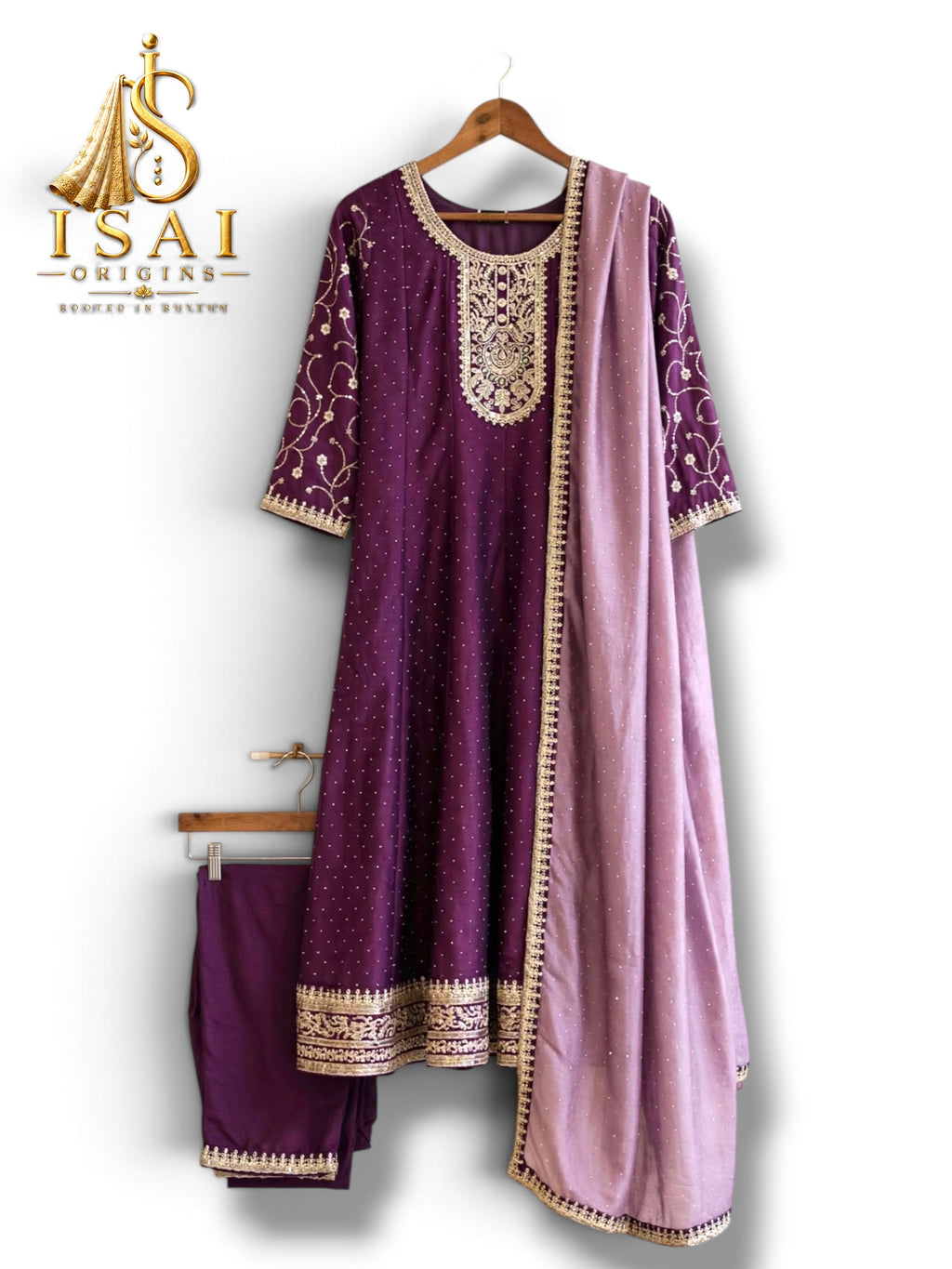 SENBAGAM - Deep Plum Embroidered Anarkali Set with Mauve Dupatta - Adults 36|38|40