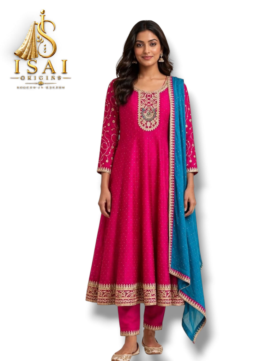 VAANATHI - Ruby Red Embroidered Anarkali Set with Teal Dupatta - Adults 36|38|40