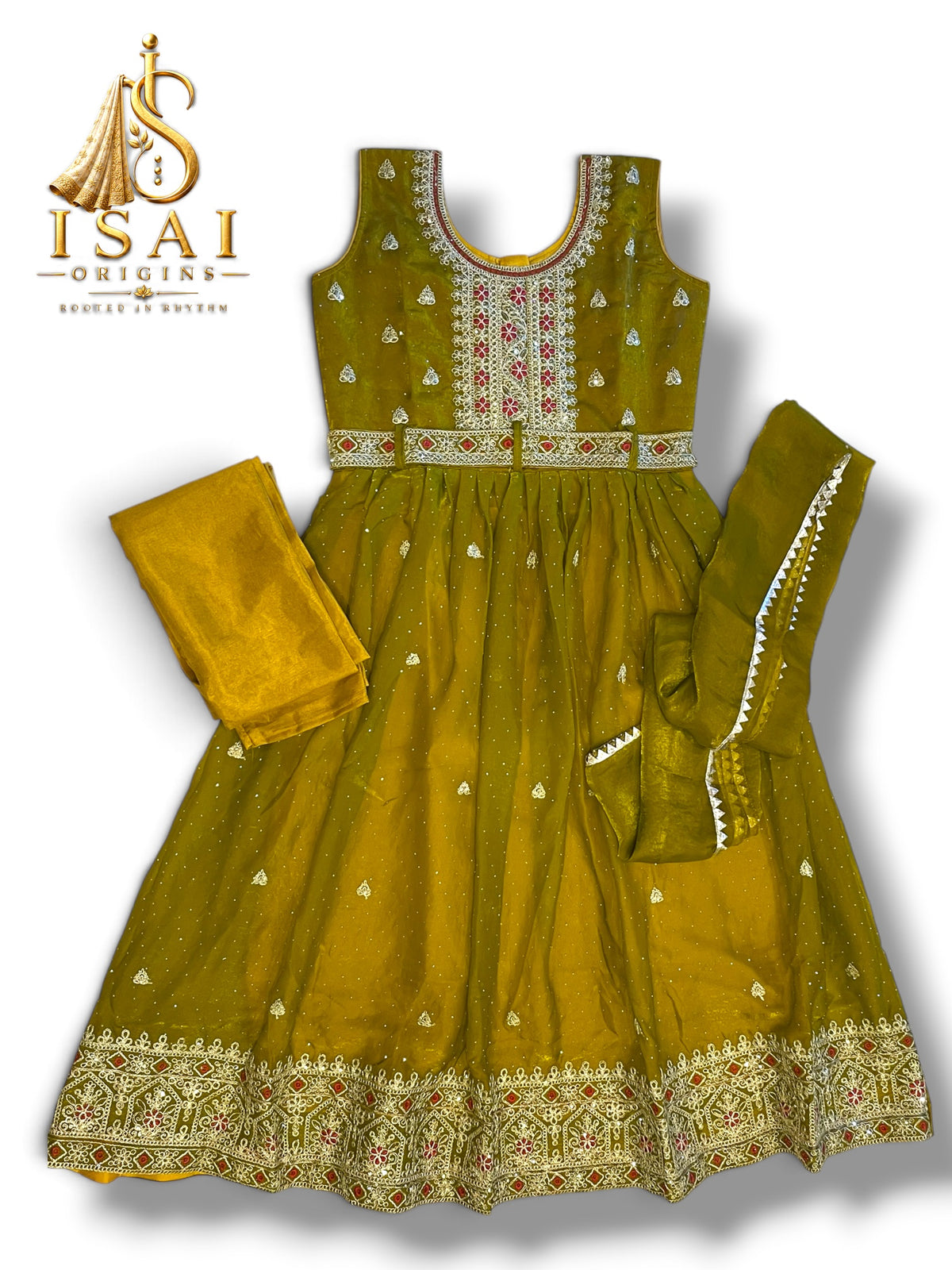 KUYIL - Mustard Olive Anarkali Set with Mustard Olive Dupatta | Kids & Adults 32-40