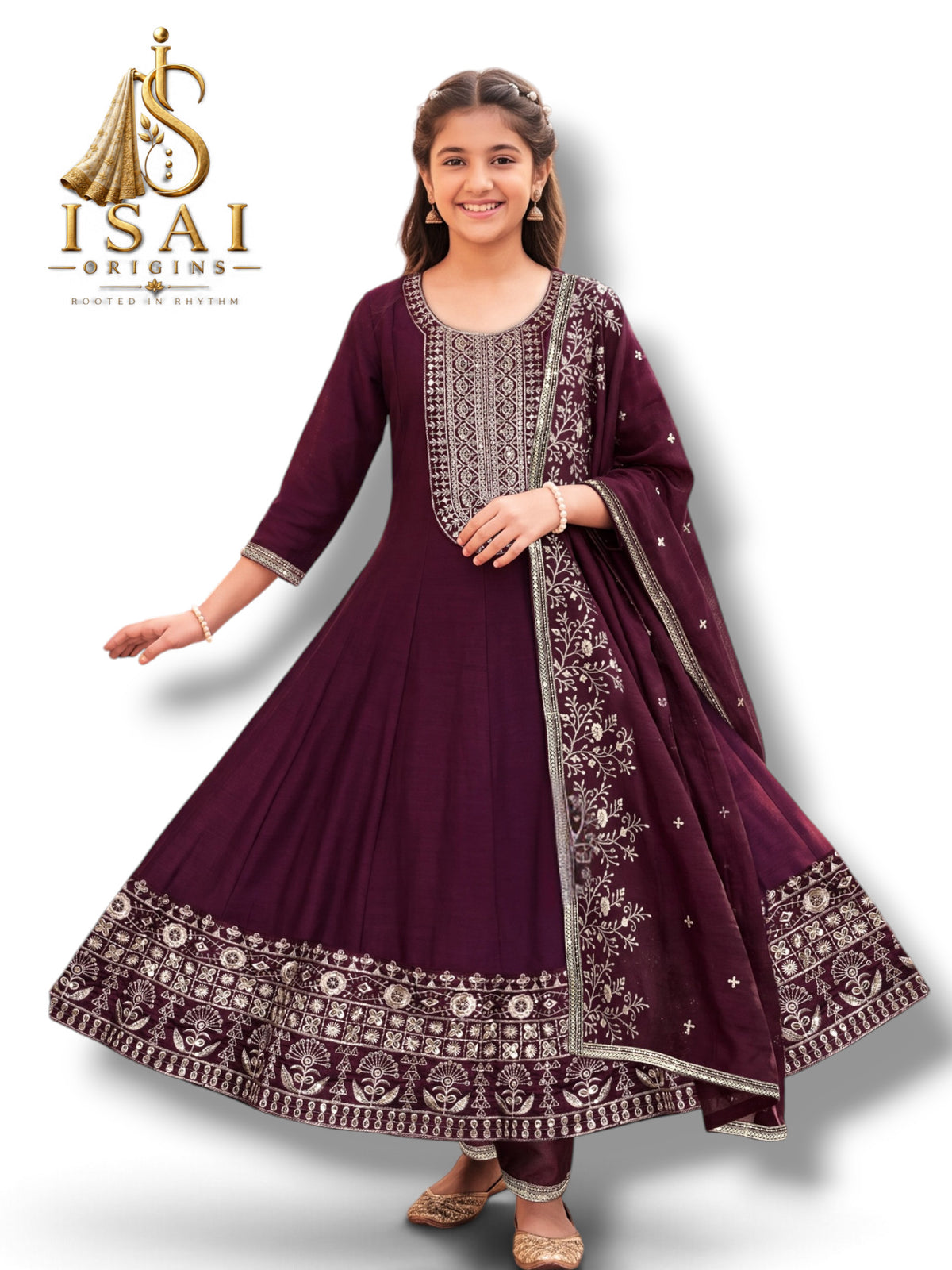 REEVA - The Wine Purple Silver Heritage Anarkali Set  - Kids & Adults (36-40)