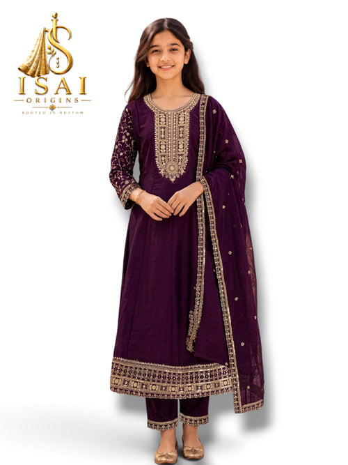 JAMUN - The Wine Purple Heritage Anarkali Set - Kids & Adults (36-40)