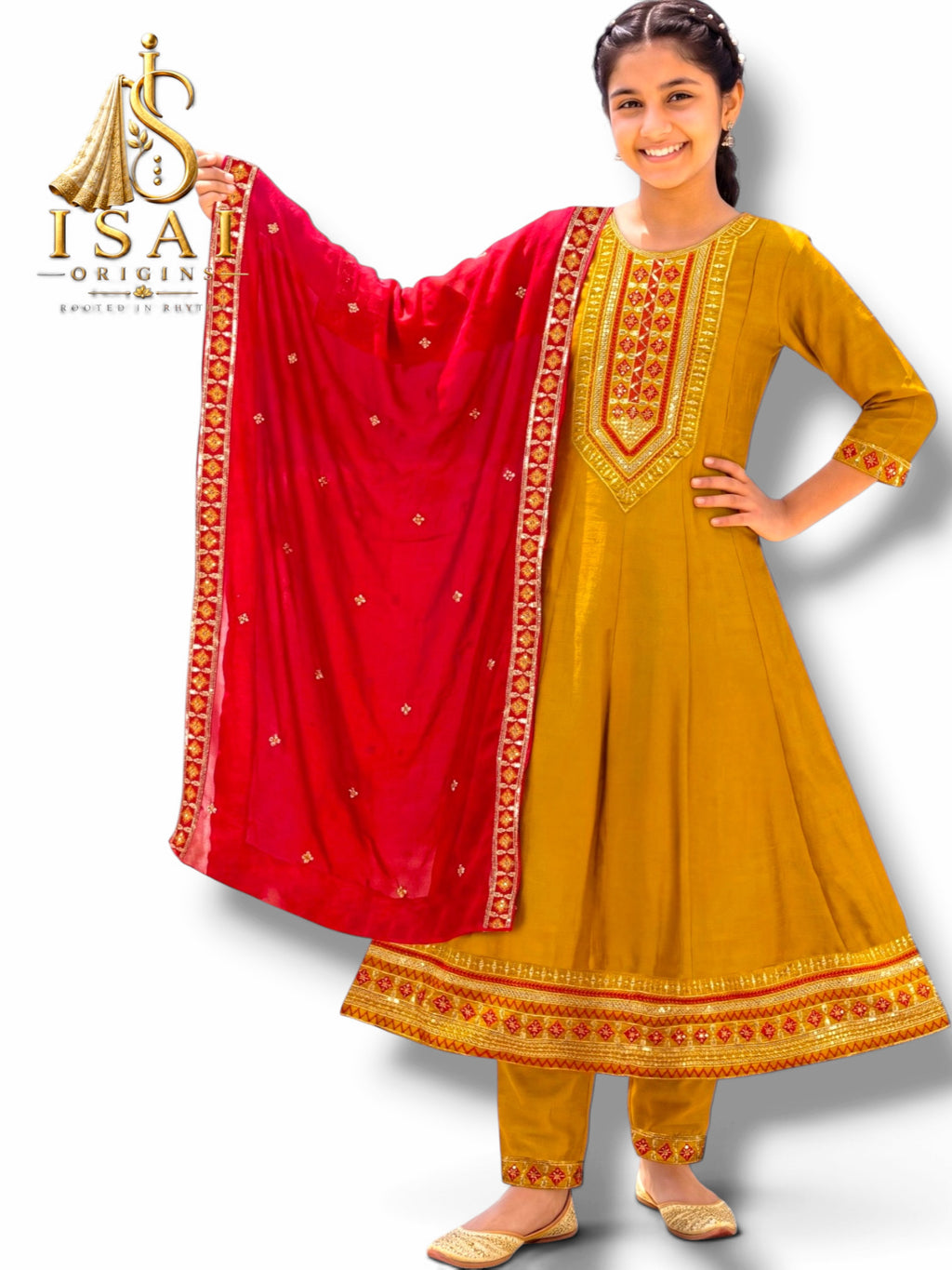 MANJAL - The Mustard Yellow &amp; Ruby Red Heritage Anarkali Set - Kids & Adults (36-40)