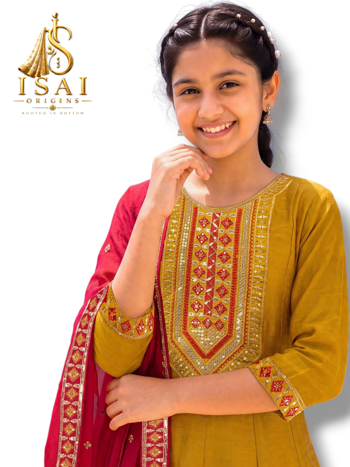 MANJAL - The Mustard Yellow &amp; Ruby Red Heritage Anarkali Set - Kids & Adults (36-40)