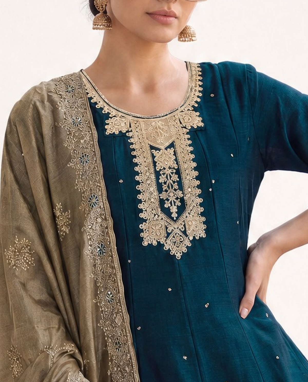NILA - The Teal & Antique Gold Heritage Anarkali Set - Adults (M-XXL)