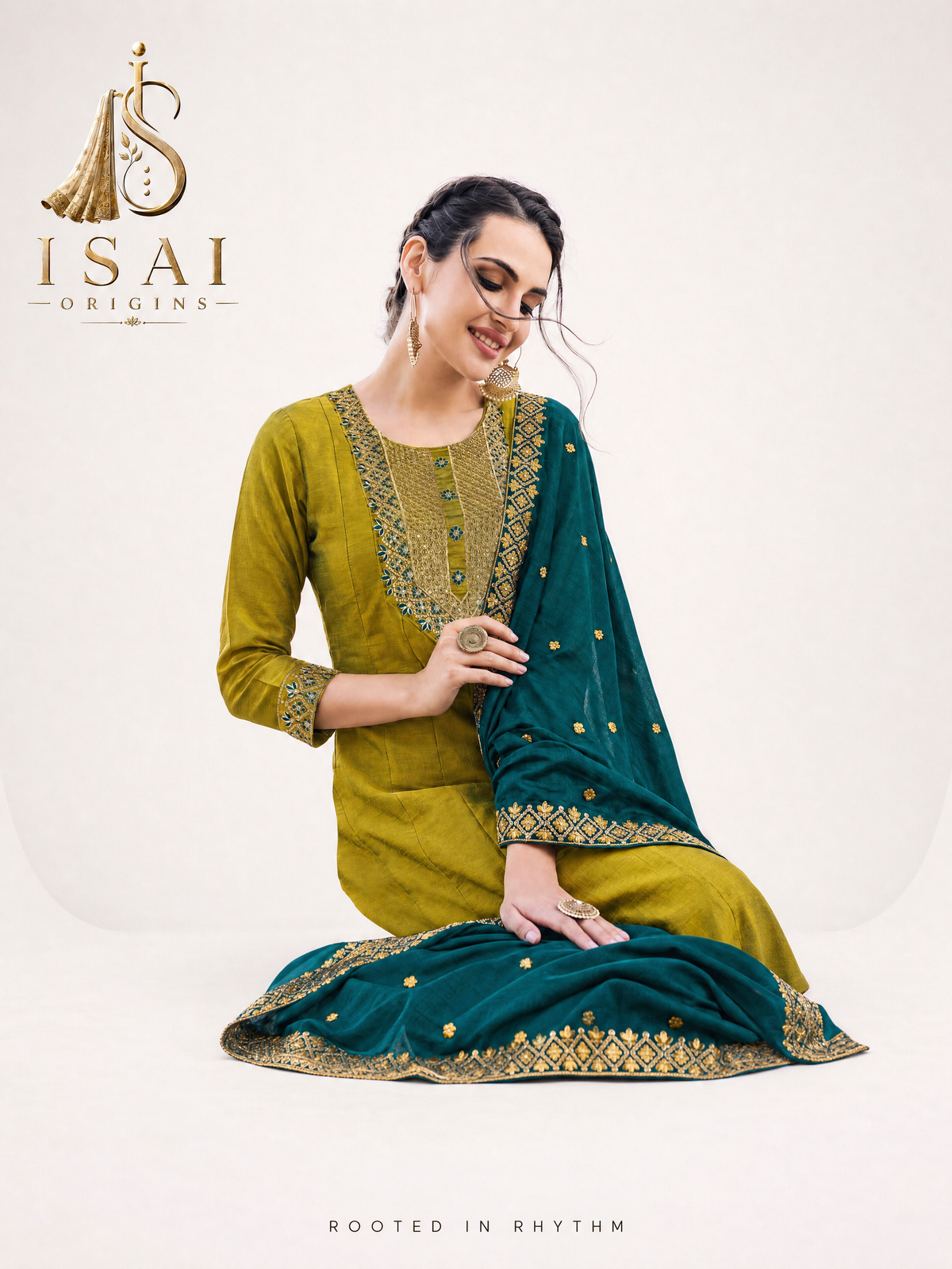 YAZH - The Mustard & Deep Teal Heritage Anarkali Suit Set - Adults (M-XXL)