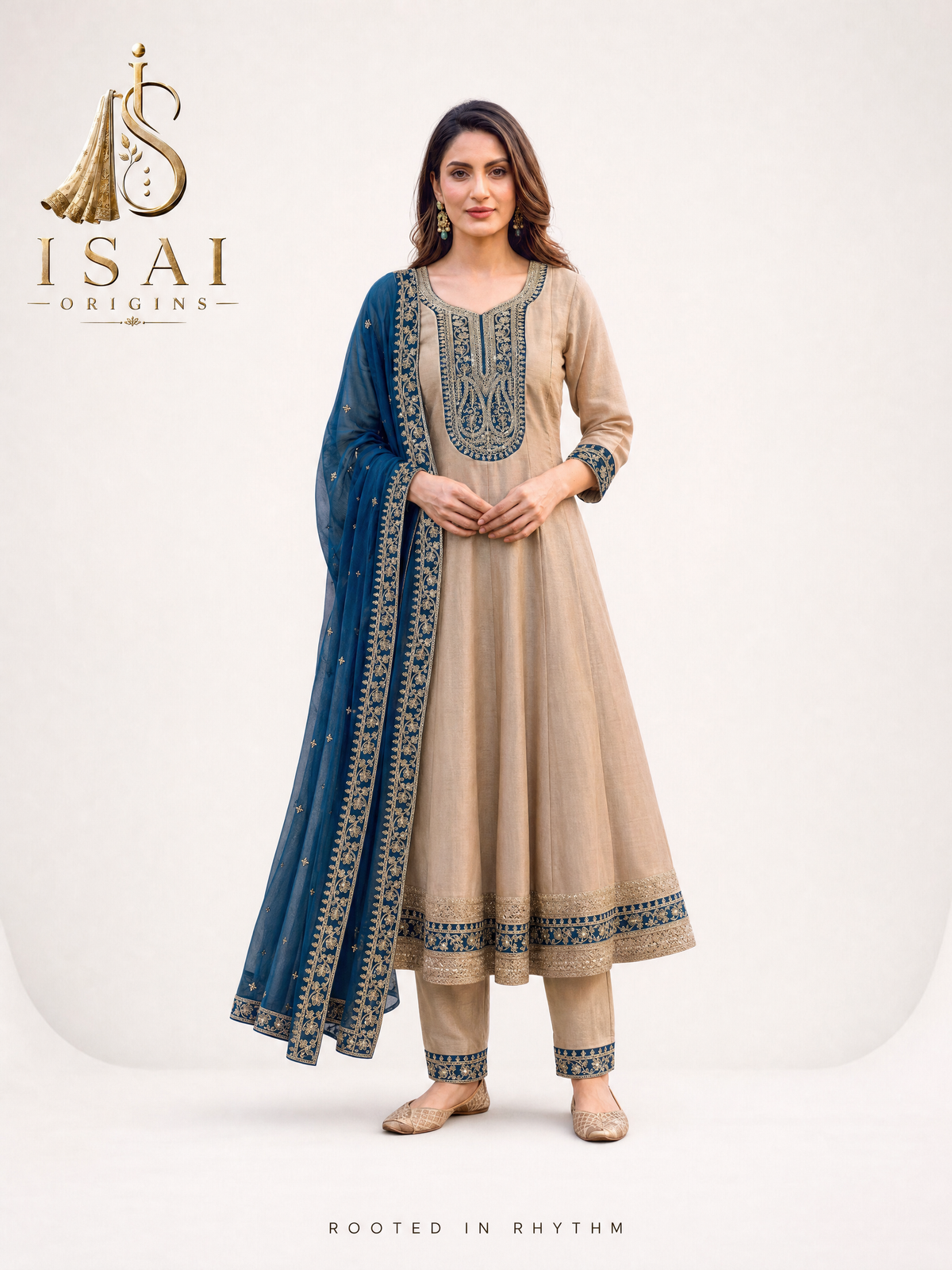 THAALAM - Beige & Midnight Blue Heritage Anarkali Set - Kids & Adults (36-XXL)