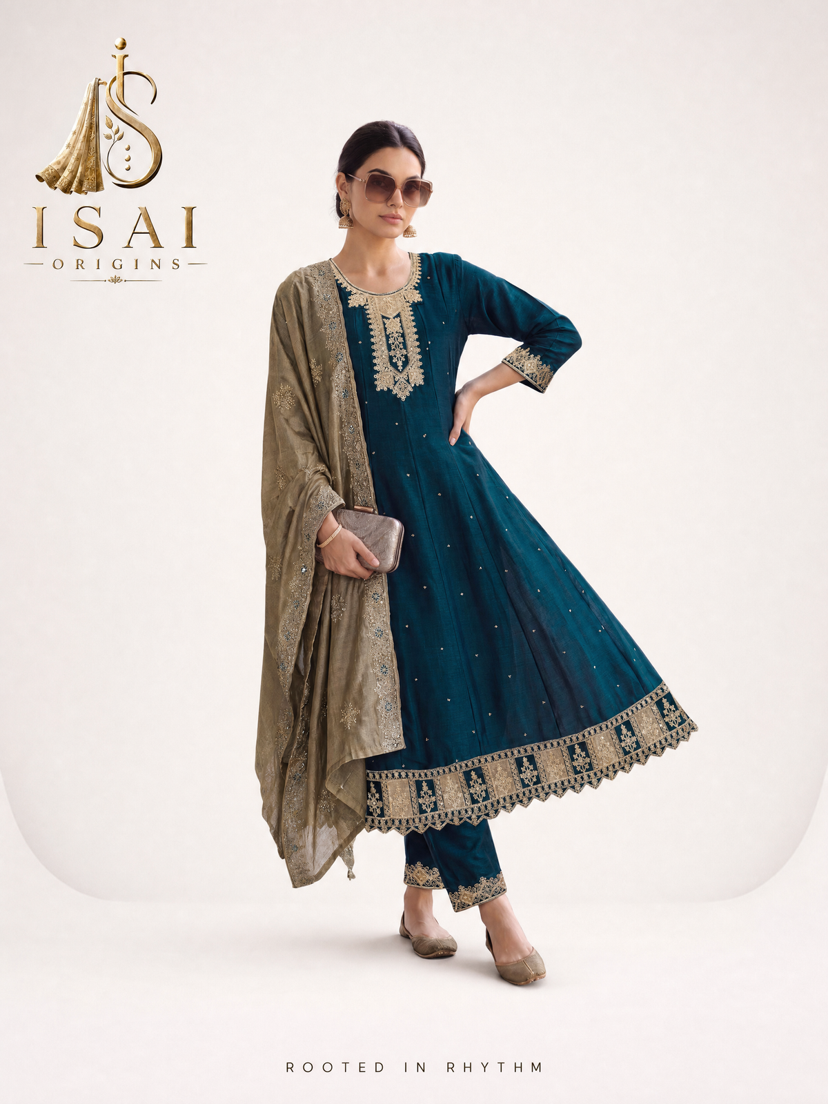 NILA - The Teal & Antique Gold Heritage Anarkali Set - Adults (M-XXL)