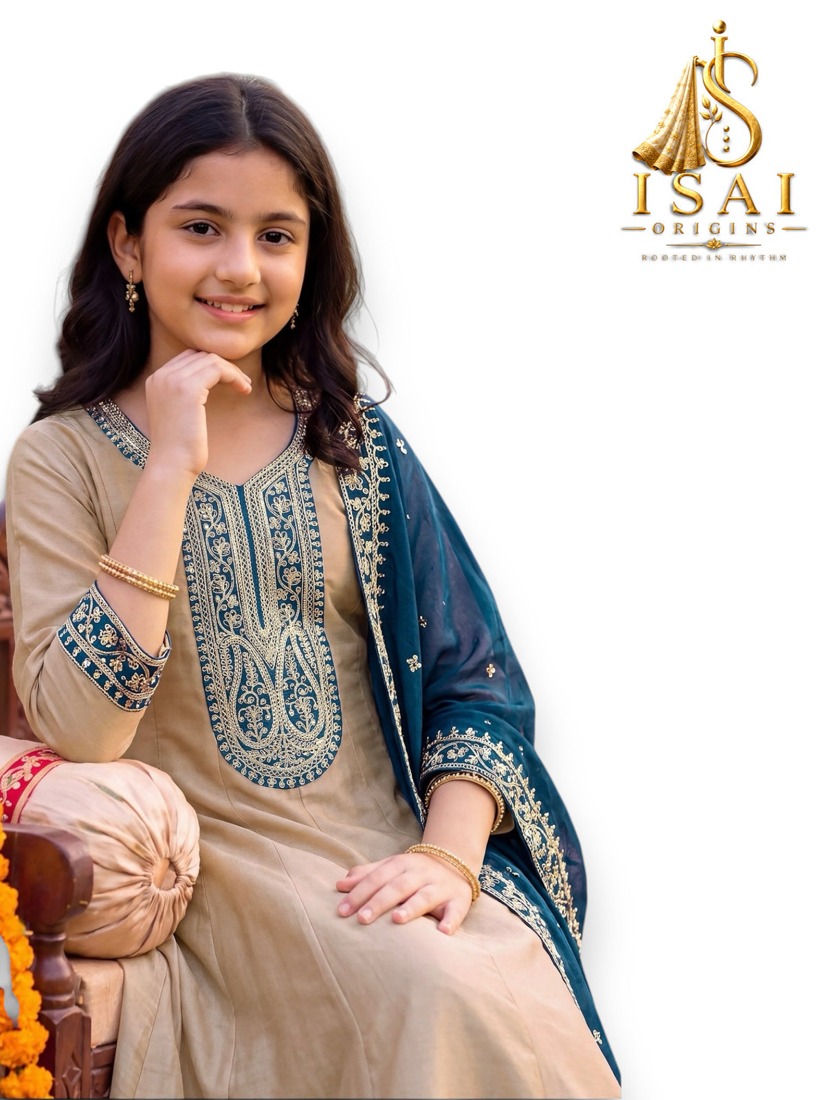 THAALAM - Beige & Midnight Blue Heritage Anarkali Set - Kids & Adults (36-XXL)