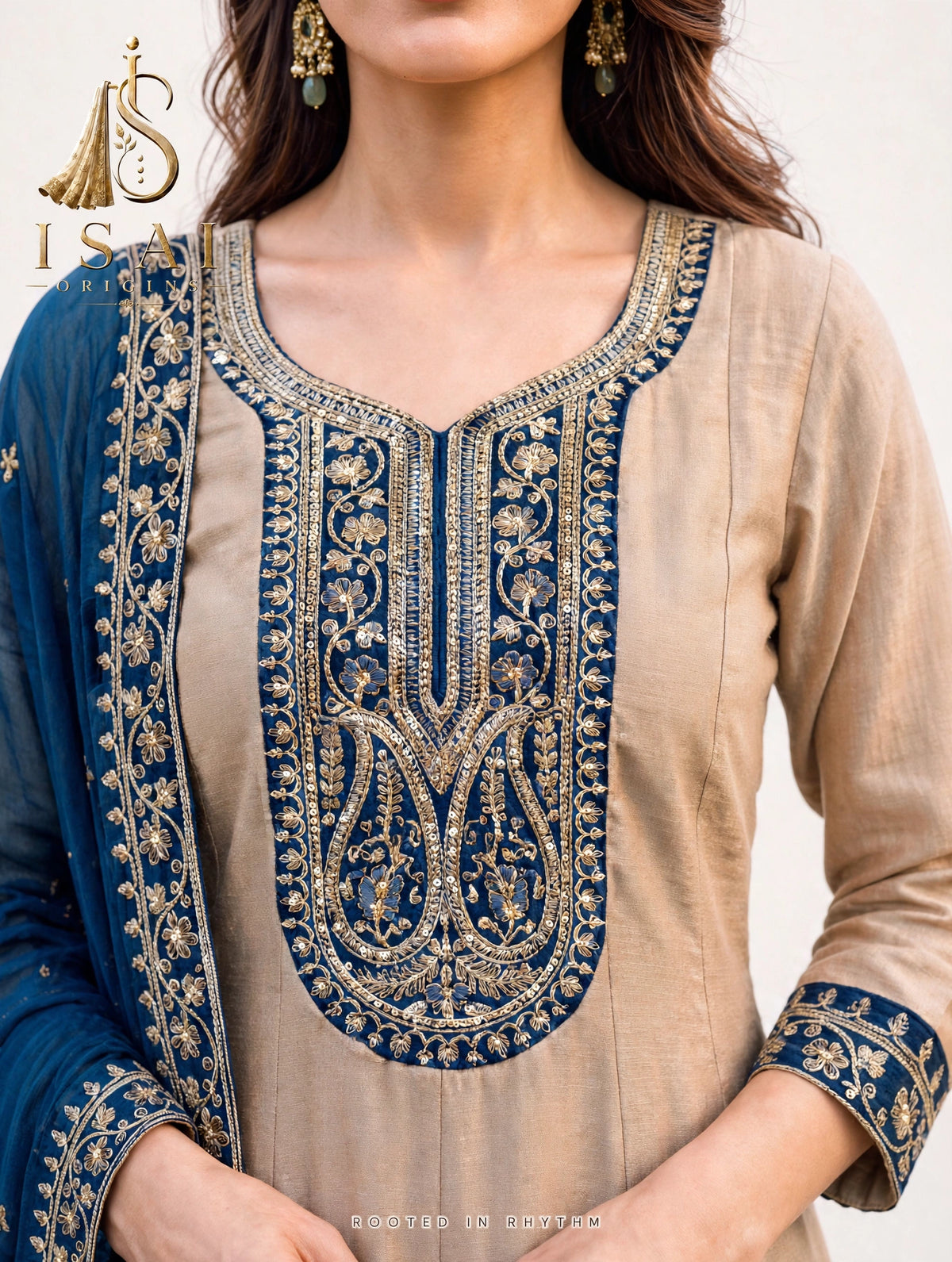 THAALAM - Beige & Midnight Blue Heritage Anarkali Set - Kids & Adults (36-XXL)