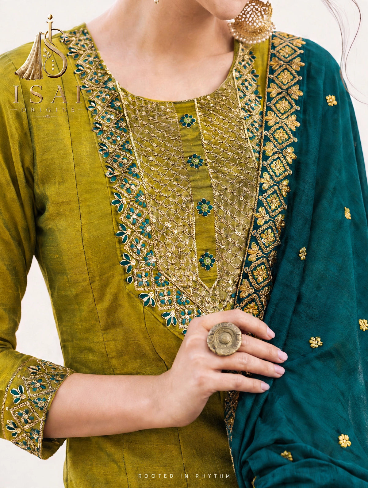 YAZH - The Mustard & Deep Teal Heritage Anarkali Suit Set - Adults (M-XXL)