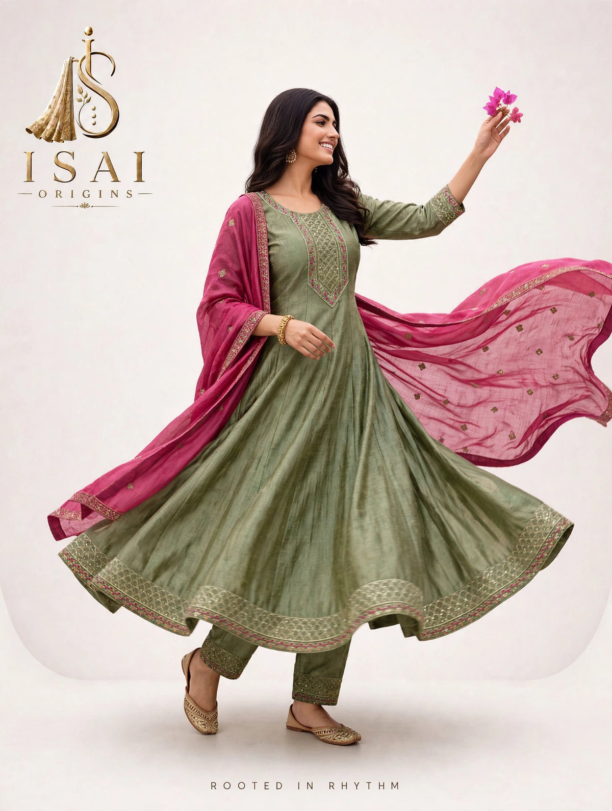 THULI | The Mehndi Green & Rani Pink Heritage Anarkali Set - Kids & Adults (36-XXL)